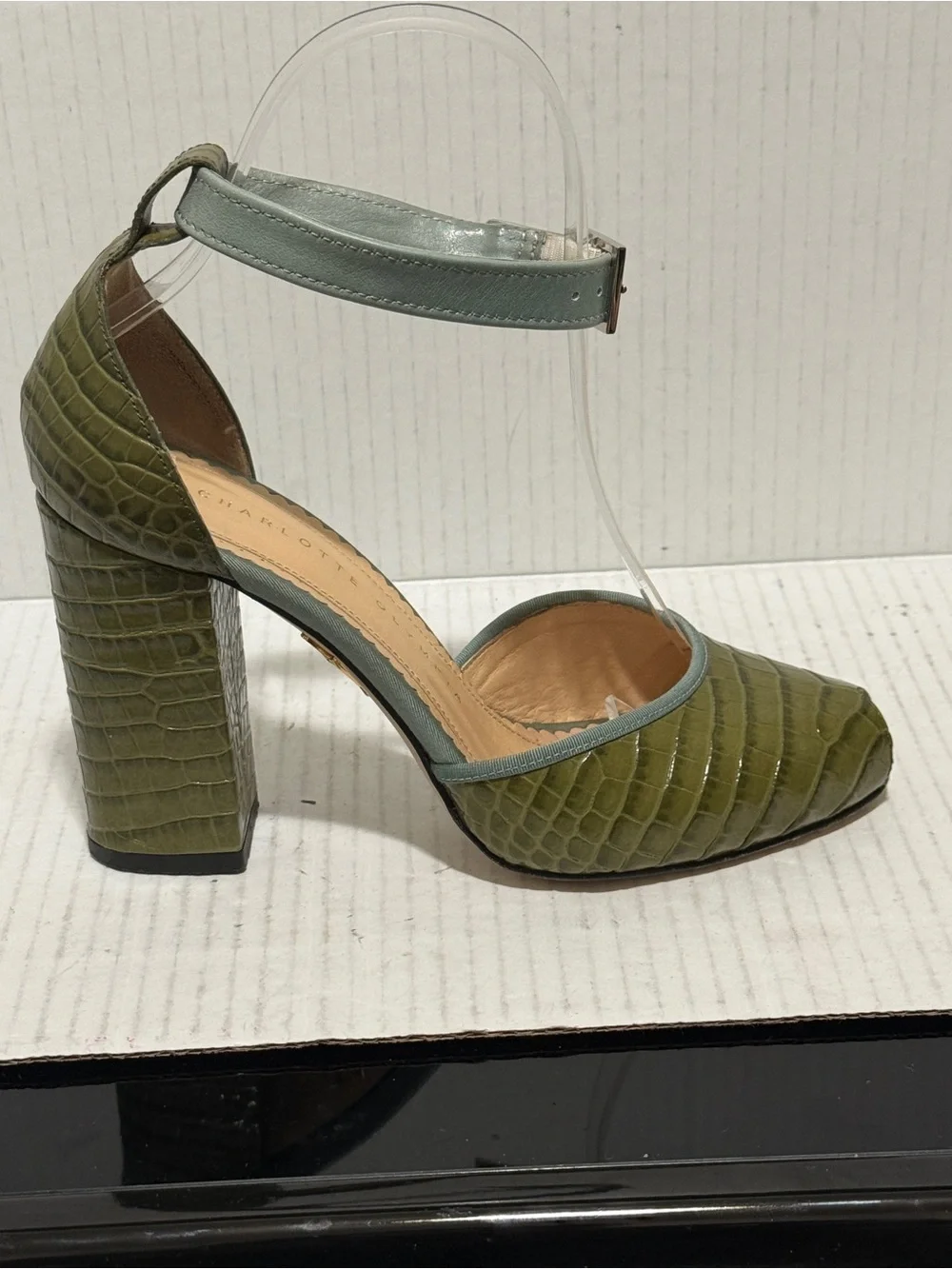 Charlotte Olympia Green Croc Embossed Leather Peep Toe Shoes Pin up Sz 35 5 US